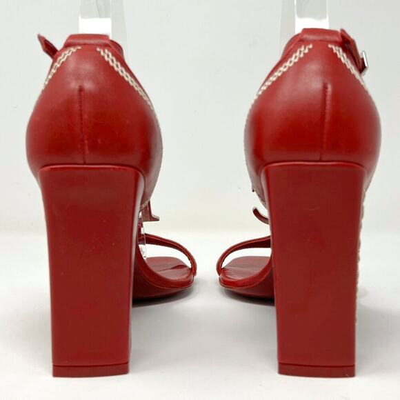 Dior 2005 Red Leather Logo Embroidered Block Heel Sandals- John Galliano Era - Picture 6 of 10